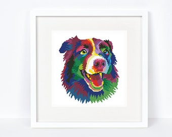 Rainbow Border Collie cross stitch pattern Abstract colorful Border Collie cross stitch, Instant download PDF #2329