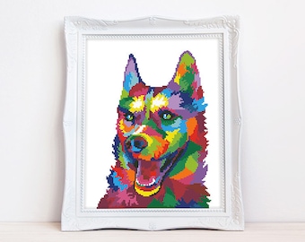 Colorful husky cross stitch pattern Abstract rainbow dog cross stitch, Instant download PDF #1662