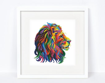 Rainbow lion cross stitch pattern Abstract colorful lion cross stitch African animal cross stitch, Instant download PDF #2273