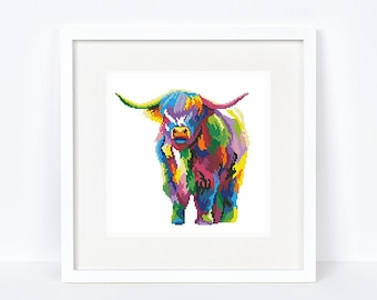 Rainbow highland cow cross stitch pattern Abstract colorful farm cow cross stitch Domestic cattle cross stitch, Instant download PDF #2378