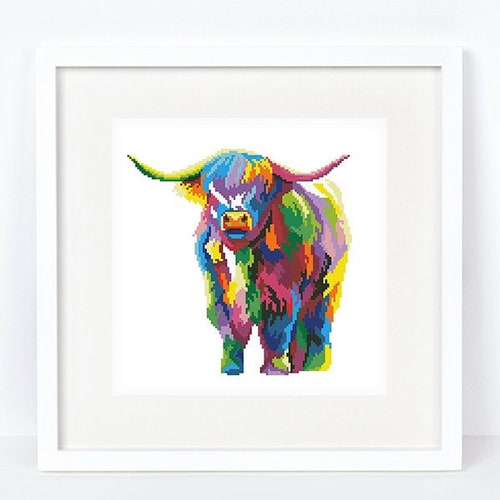 Rainbow Highland Cow Cross Stitch Pattern Abstract Colorful Etsy