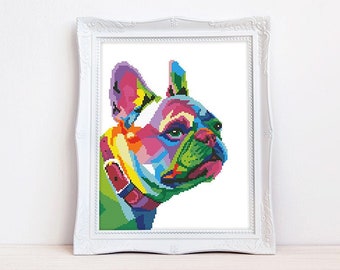 Rainbow French bulldog cross stitch pattern Abstract Frenchie cross stitch Colorful dog cross stitch Instant download PDF #2299