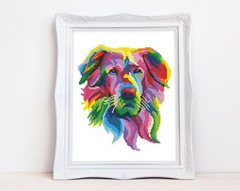 Rainbow Golden Retriever cross stitch pattern Abstract colorful Golden Retriever cross stitch, Instant download PDF #2304