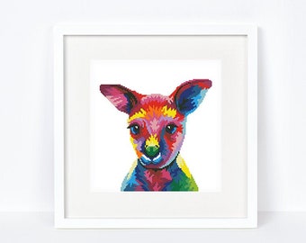 Colorful baby kangaroo cross stitch pattern Abstract rainbow kangaroo cross stitch, Instant download PDF #2137
