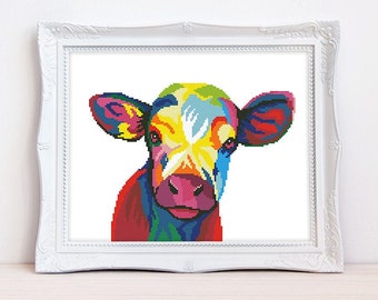 Colorful calf cross stitch pattern Abstract rainbow cow cross stitch Domestic cattle cross stitch, Instant download PDF #2200