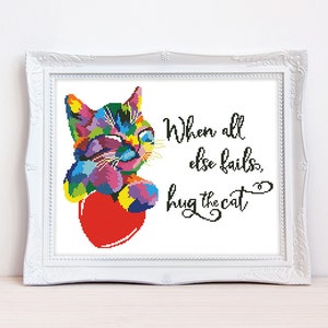 Hug the cat cross stitch pattern Funny inspirational cat quote cross stitch Crazy cat lady quotation, Instant download PDF #2266
