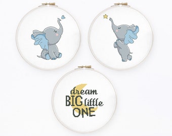 Dream big cross stitch pattern, Set of 3 new baby boy cross stitch Elephant chart Nursery inspirational quote, Instant download PDF #752