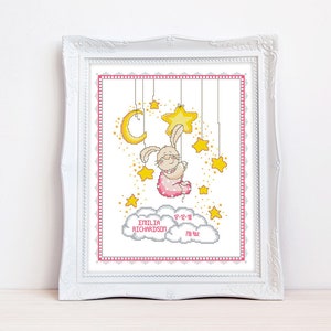 Birth announcement cross stitch pattern Pink birth sampler cross stitch Baby girl DIY Customizable, Instant download PDF #2371