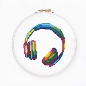 Modèle de point de croix casque arc-en-ciel. Charte musicale colorée. Téléchargement instantané PDF #2102