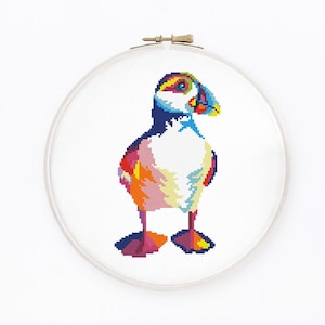Rainbow puffin cross stitch pattern. Colorful Atlantic puffin. Abstract arctic bird. Instant download #2251