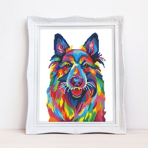 Colorful German Shepherd cross stitch pattern Vibrant Alsatian wolf dog Abstract Berger Allemand, Instant download PDF 2168 image 1