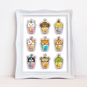 May include: A white frame with a white background and 9 colourful pixel art images of animals drinking bubble tea. The animals include a unicorn, a dog, a chick, a cat, a fox, a red panda, a black cat, a monkey, and a frog.