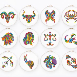 Wzór haftu krzyżykowego ze znakiem zodiaku tęczy Kolorowy haft krzyżykowy ze znakiem zodiaku Abstrakcyjny haft krzyżykowy z horoskopem Zestaw 12 natychmiastowego pobrania pliku PDF nr 2377