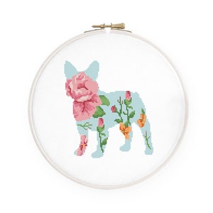 Französische Bulldogge Kreuzstichmuster Floral Frenchie Kreuzstich Aquarell Hund Silhouette Sofort-Download PDF #845