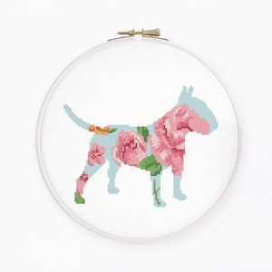 Bloemen Bull Terrier kruissteekpatroon Aquarel bulterier silhouet kruissteek Instant download pdf #2360