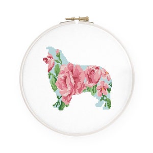 Australian Shepherd Kreuzstichmuster Aussie Blumen Kreuzstich Aquarell Hund Silhouette Stickmuster Sofort-Download PDF #219