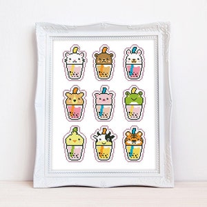 May include: A white frame with a white background and a grid of nine colorful cartoon animal faces inside bubble tea cups. The animals include a cat, bear, rabbit, fox, pig, frog, chick, cow, and tiger.