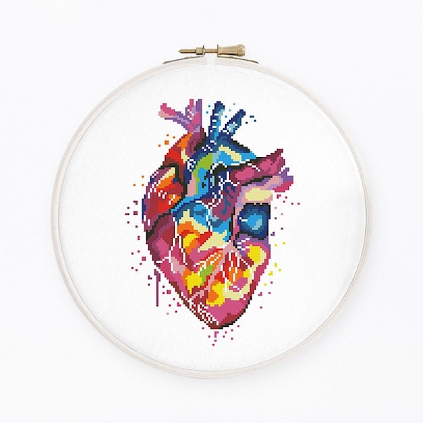 Colorful heart cross stitch pattern Rainbow human anatomy cross stitch Medical cross stitch, Instant download PDF #2195