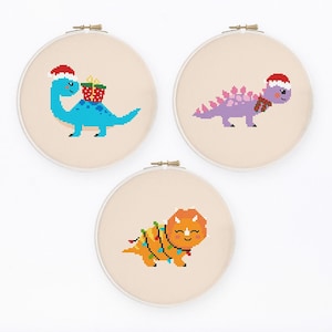 Christmas dinosaurs cross stitch pattern. Set of 3 festive dinos chart. Instant download PDF #2624
