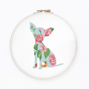 Floral Chihuahua cross stitch pattern  Watercolor Chihuahua silhouette cross stitch, Instant download PDF #2358