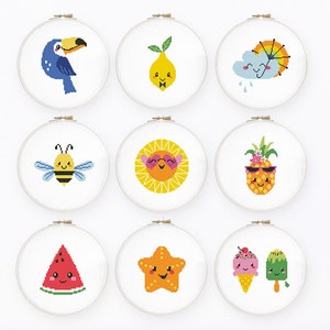 May include: Set of 10 embroidery patterns featuring cute cartoon characters with summer themes. The designs include a toucan, lemon, cloud, bee, sun, pineapple, watermelon, starfish, ice cream cone, and popsicle.