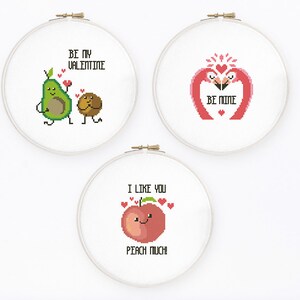 Ensemble de 3 motifs de point de croix kawaii, citation "Be my Valentine" au point de croix, téléchargement immédiat PDF #1625