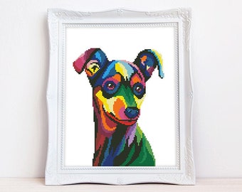 Colorful Min Pin cross stitch pattern Abstract rainbow Miniature Pinscher cross stitch, Instant download PDF #2401