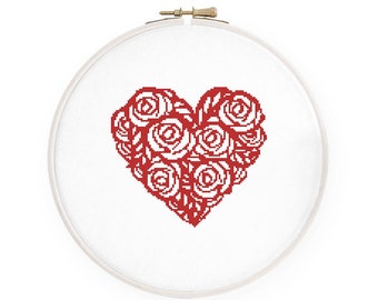 Floral heart cross stitch pattern Rose wreath cross stitch Modern easy beginner cross stitch, Cute Instant download PDF #049