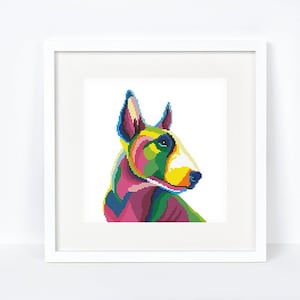 May include: A colorful abstract painting of a Bull Terrier dog. The dog is depicted in shades of pink, green, yellow, blue, and white.