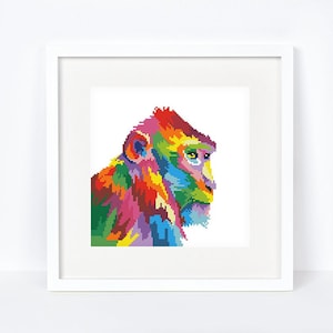May include: A colorful, abstract portrait of a monkey's face. The monkey is depicted in a vibrant rainbow of colors, with a focus on the details of its face.