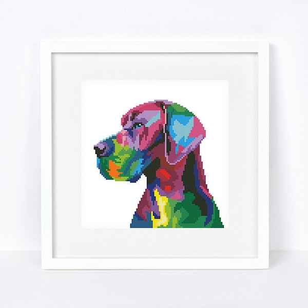 Rainbow Great Dane cross stitch pattern. Abstract colorful German Mastiff chart. Instant download PDF #1987