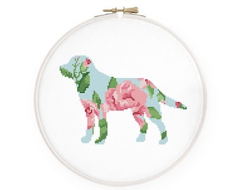 Labrador cross stitch pattern Floral Labrador Retriever silhouette cross stitch Dog memorial chart, Instant download PDF #211
