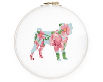 May include: A cross-stitch pattern of a pug dog with pink and white flowers. The dog is outlined in blue and the flowers are in shades of pink and white.