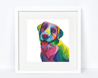 May include: A colorful, abstract painting of a dog's head. The dog is a Labrador Retriever with a pink, blue, green, and yellow color scheme.