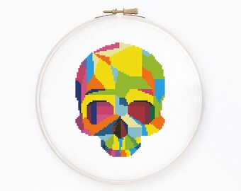 Rainbow skull cross stitch pattern. Abstract colorful human anatomy cross stitch. Instant download PDF #2099