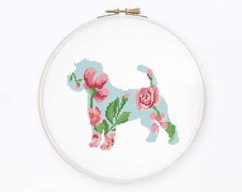 Floral Jack Russell Terrier cross stitch pattern Watercolor dog silhouette cross stitch, Instant download PDF #2363