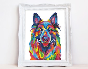 Colorful German Shepherd cross stitch pattern Vibrant Alsatian wolf dog Abstract Berger Allemand, Instant download PDF #2168