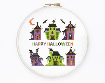 Halloween-sampler-kruissteekpatroon, schattige Halloween-huisjes kruissteek, Trick or treat, pdf-bestand direct te downloaden