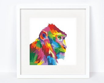 Colorful macaque cross stitch pattern Abstract rainbow monkey cross stitch Mandala ape cross stitch, Instant download PDF #1989
