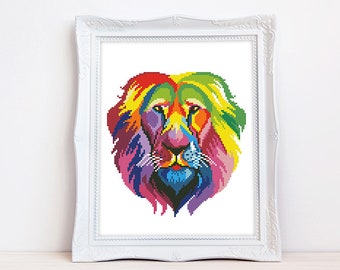 Abstract lion cross stitch pattern Rainbow lion cross stitch Colorful African animal cross stitch, Instant download PDF #1965