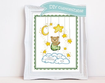 Birth announcement cross stitch pattern. Birth sampler for a new baby boy or girl. DIY Customizable birth stats. Instant download PDF #2144