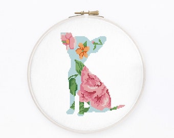 Floral chihuahua cross stitch pattern Watercolor Chihuahua silhouette cross stitch, Instant download PDF #2362