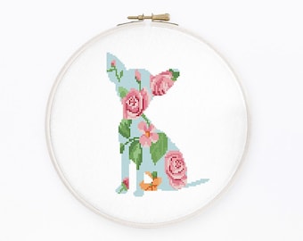 Floral Chihuahua cross stitch pattern  Watercolor Chihuahua silhouette cross stitch, Instant download PDF #2358