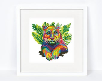 Rainbow lioness cross stitch pattern Abstract colorful African lion cross stitch, Instant download PDF #2285