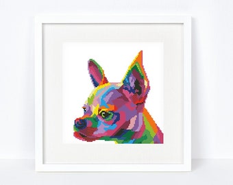 Colorful Chihuahua cross stitch pattern Abstract rainbow chihuahua cross stitch, Instant download PDF #2395