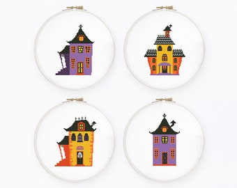 Halloween-kruissteekpatroon Set van 4 Halloween-huisjes kruissteek Trick or treat-kruissteek Instant download pdf #1837
