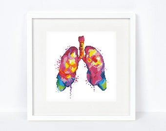 Colorful lungs cross stitch pattern, Rainbow human anatomy cross stitch, Medical chart, Instant download PDF #2187