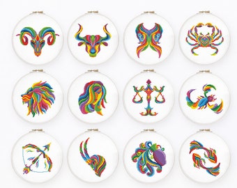 Rainbow zodiac cross stitch pattern Colorful star sign cross stitch Abstract horoscope cross stitch Bundle of 12 Instant download PDF #2377