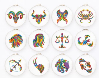 Rainbow zodiac cross stitch pattern Colorful star sign cross stitch Abstract horoscope cross stitch Bundle of 12 Instant download PDF #2377