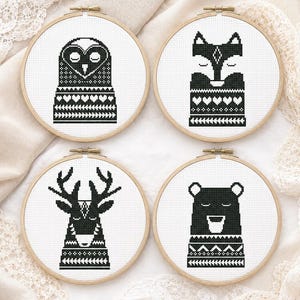 Woodland Animals Cross Stitch Pattern Set | Scandi Monochrome Nursery | PDF Instant Download